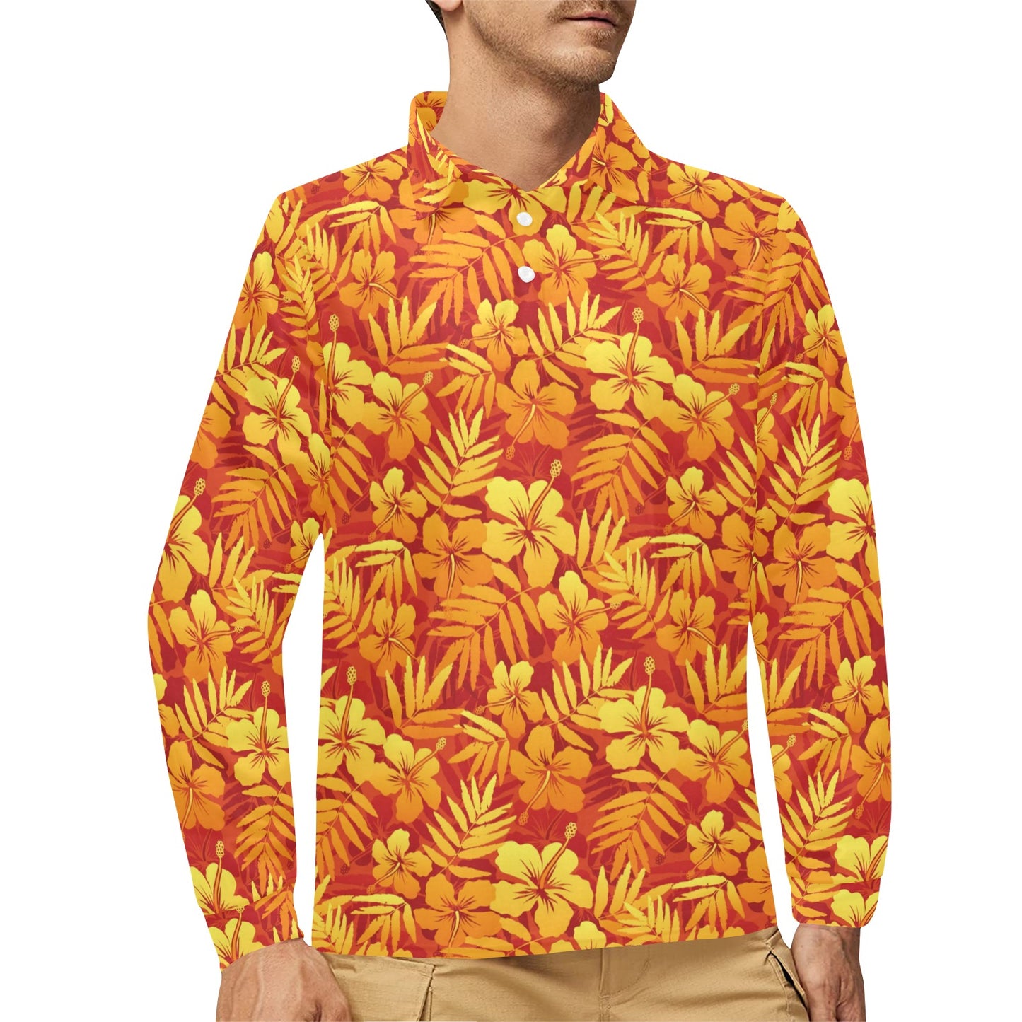 Hibiscus Summer Print Design LKS302 Long Sleeve Polo Shirt For Men's