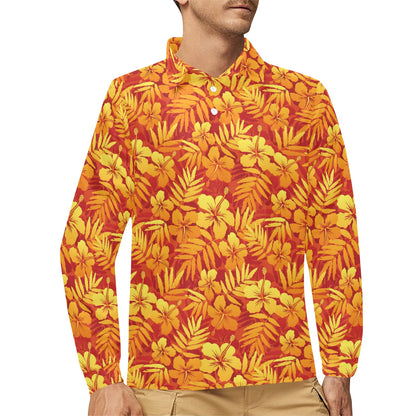 Hibiscus Summer Print Design LKS302 Long Sleeve Polo Shirt For Men's