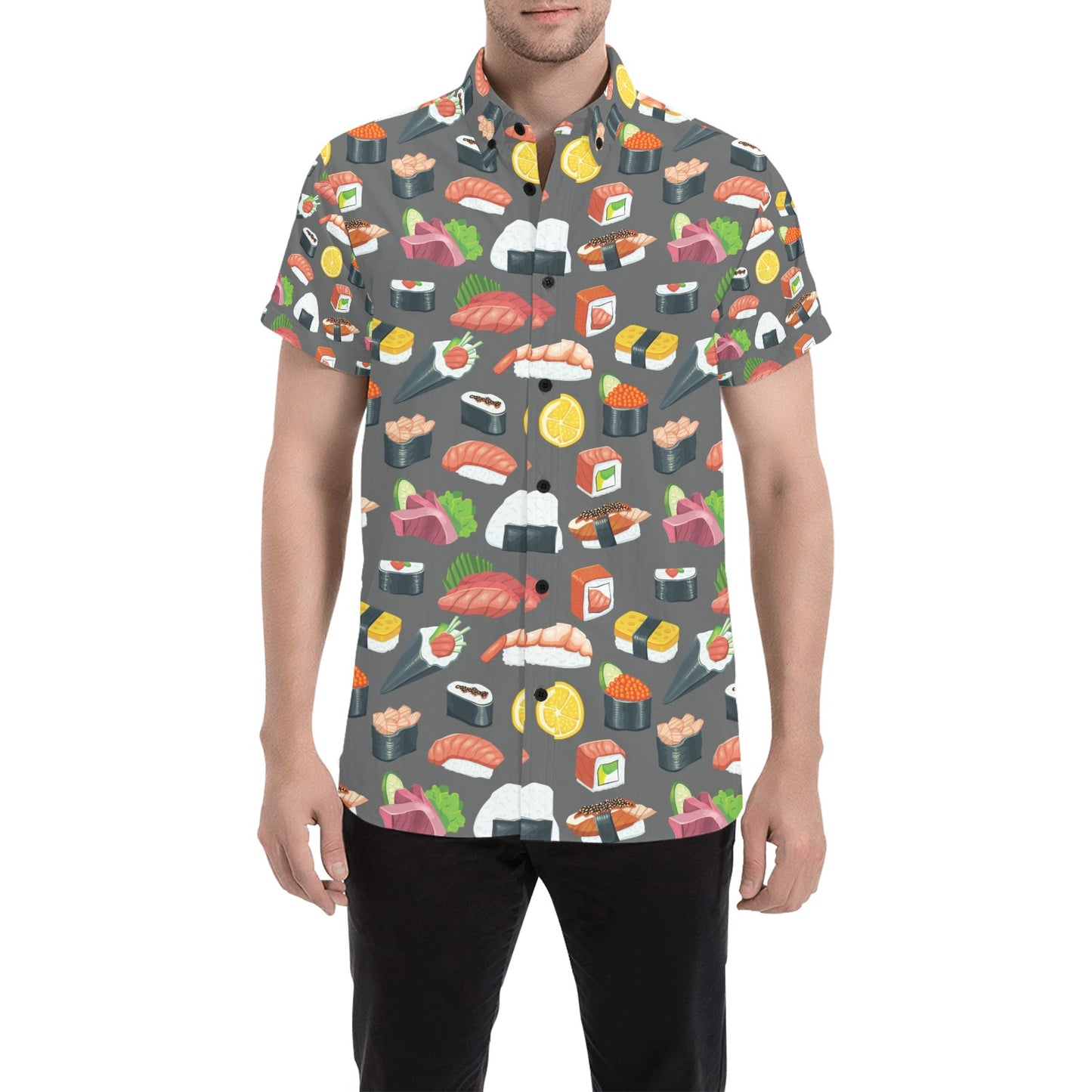Sushi Print Design LKS302 Men Short Sleeve Button Up Shirt