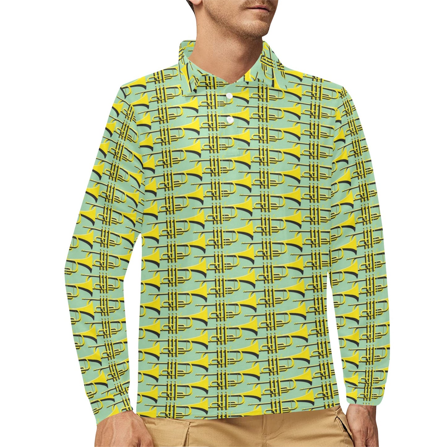 Trumpet Vintage Design Print Long Sleeve Polo Shirt For Men's