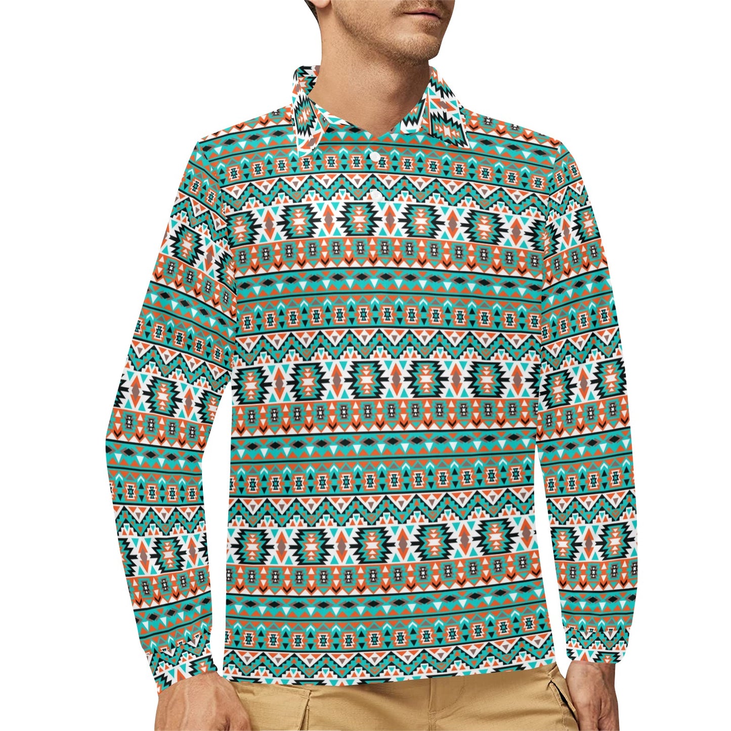 Indian Navajo Ethnic Themed Design Print Long Sleeve Polo Shirt For Men's