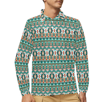 Indian Navajo Ethnic Themed Design Print Long Sleeve Polo Shirt For Men's
