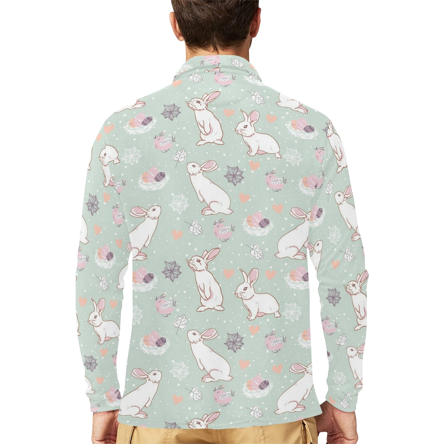 Rabbit Pattern Print Design RB011 Long Sleeve Polo Shirt For Men's