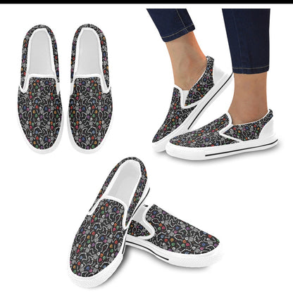 Skeleton Print Design LKS307 White Slip Ons Canvas Women's Shoes