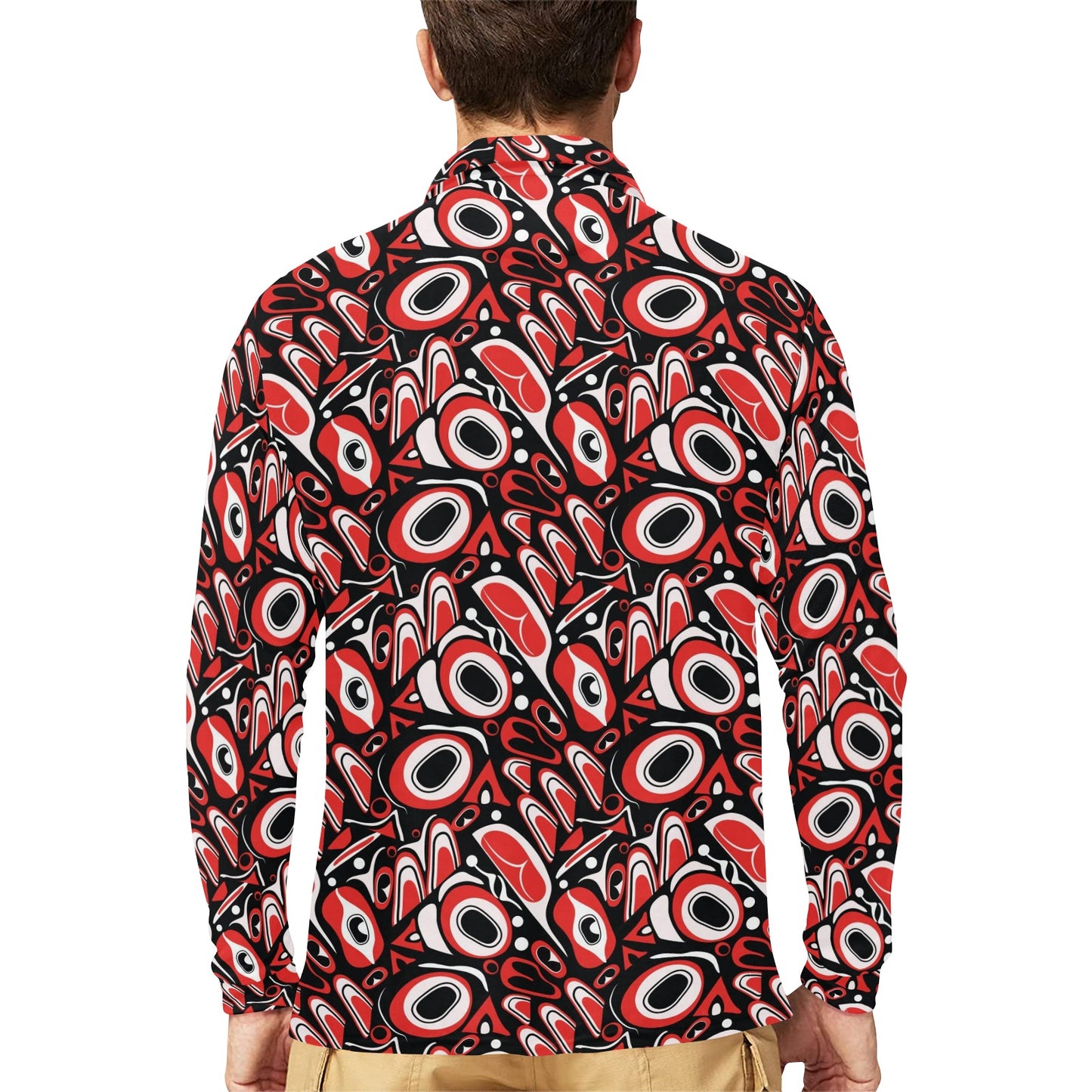 Totem Pole Texture Design Long Sleeve Polo Shirt For Men's
