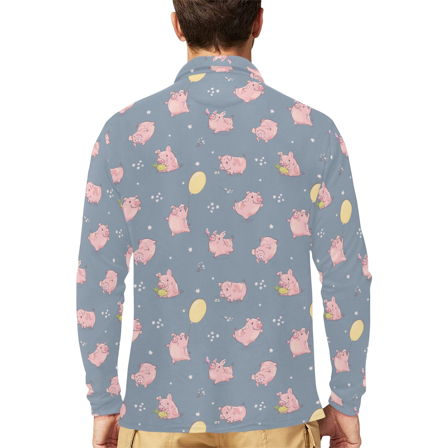 Pig Print Design LKS405 Long Sleeve Polo Shirt For Men's