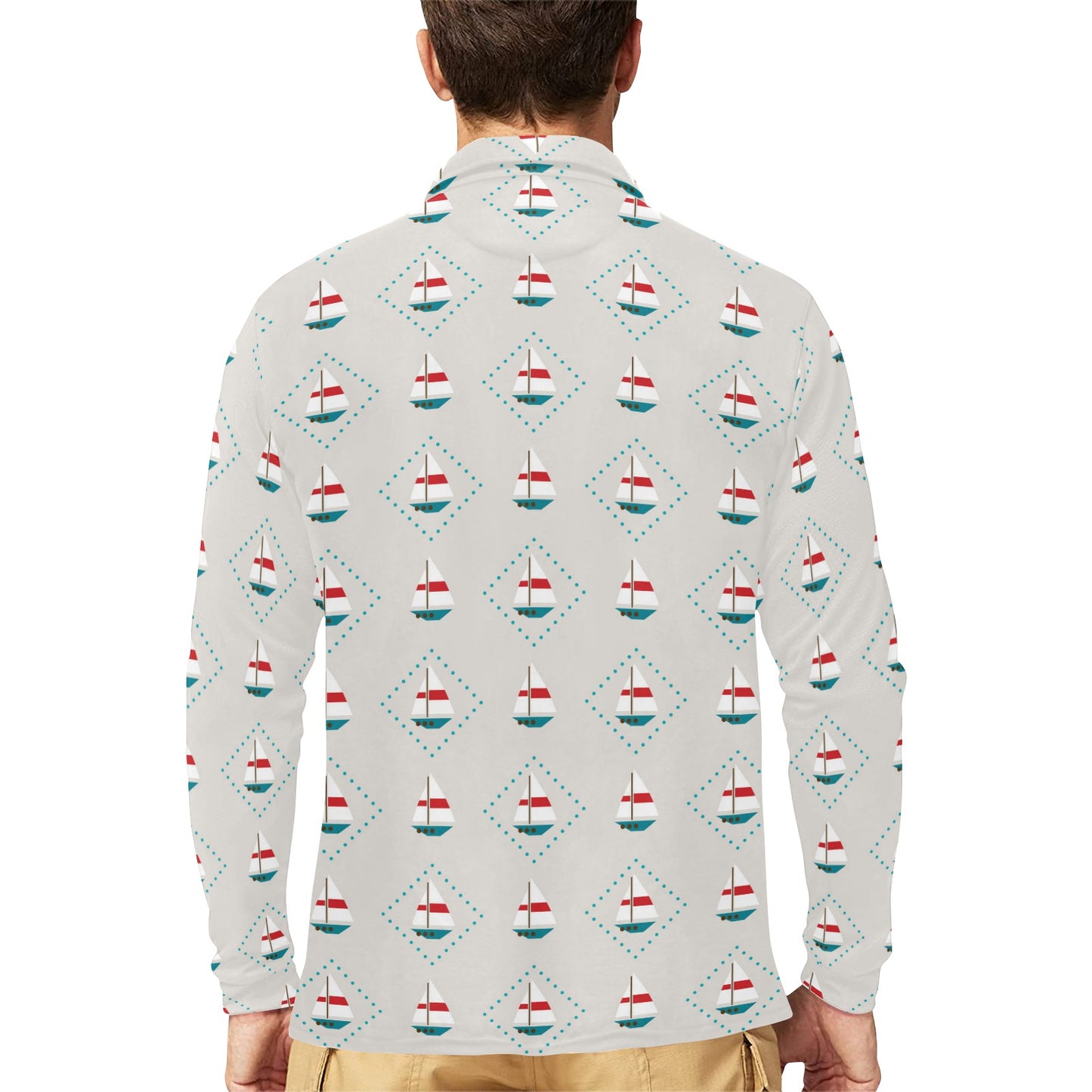 Sailboat Print Design LKS301 Long Sleeve Polo Shirt For Men's
