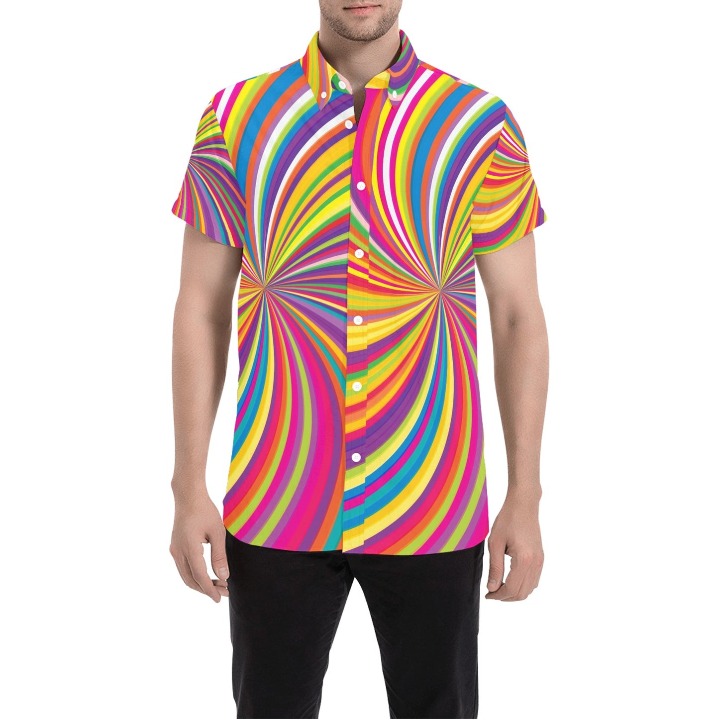Vortex Print Design LKS301 Men Short Sleeve Button Up Shirt
