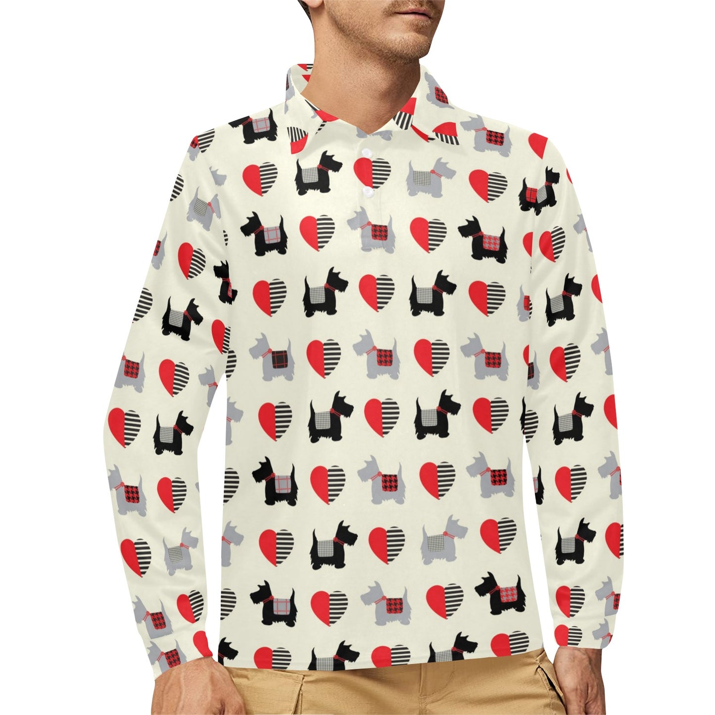 Scottish Terriers Print Design LKS3010 Long Sleeve Polo Shirt For Men's
