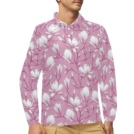 Magnolia Pattern Print Design MAG05 Long Sleeve Polo Shirt For Men's