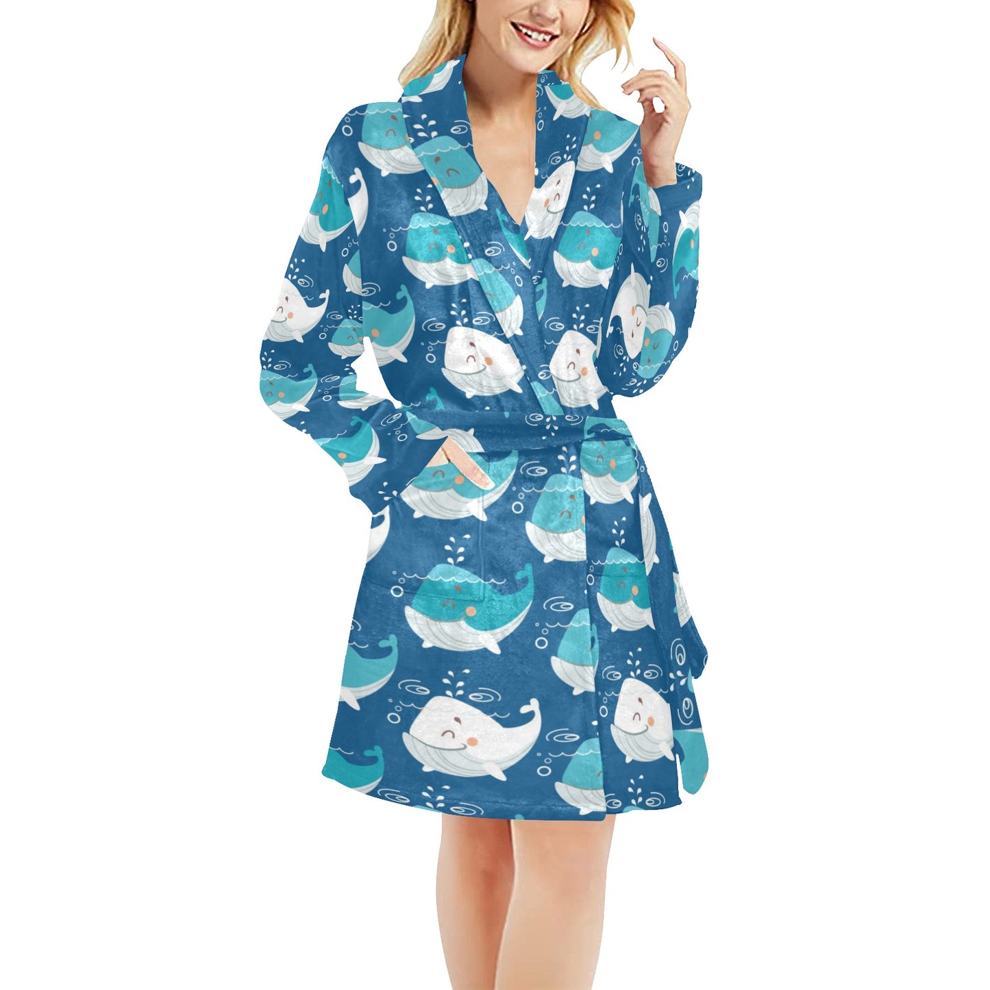 Blue Whale Pattern Print Design 01 Women's Fleece Robe