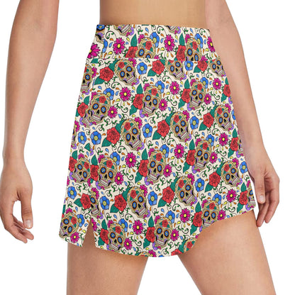 Sugar Skull Colorful Themed Print 17" Golf & Pickleball Skort with Pockets