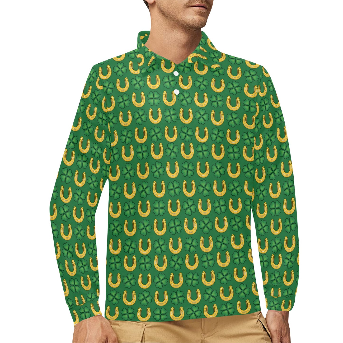 Shamrock Horseshoes Print Pattern Long Sleeve Polo Shirt For Men's