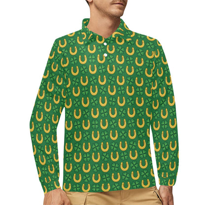 Shamrock Horseshoes Print Pattern Long Sleeve Polo Shirt For Men's