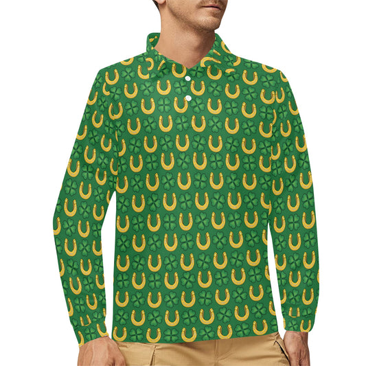 Shamrock Horseshoes Print Pattern Long Sleeve Polo Shirt For Men's