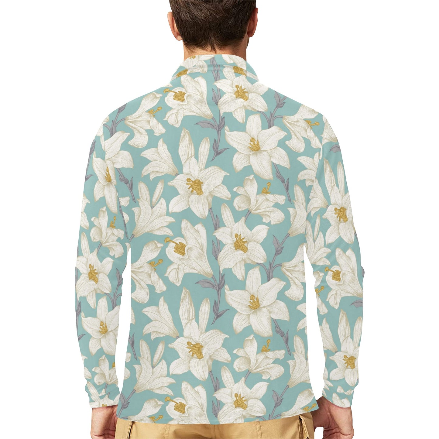 Lily Pattern Print Design 02 Long Sleeve Polo Shirt For Men's