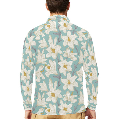 Lily Pattern Print Design 02 Long Sleeve Polo Shirt For Men's