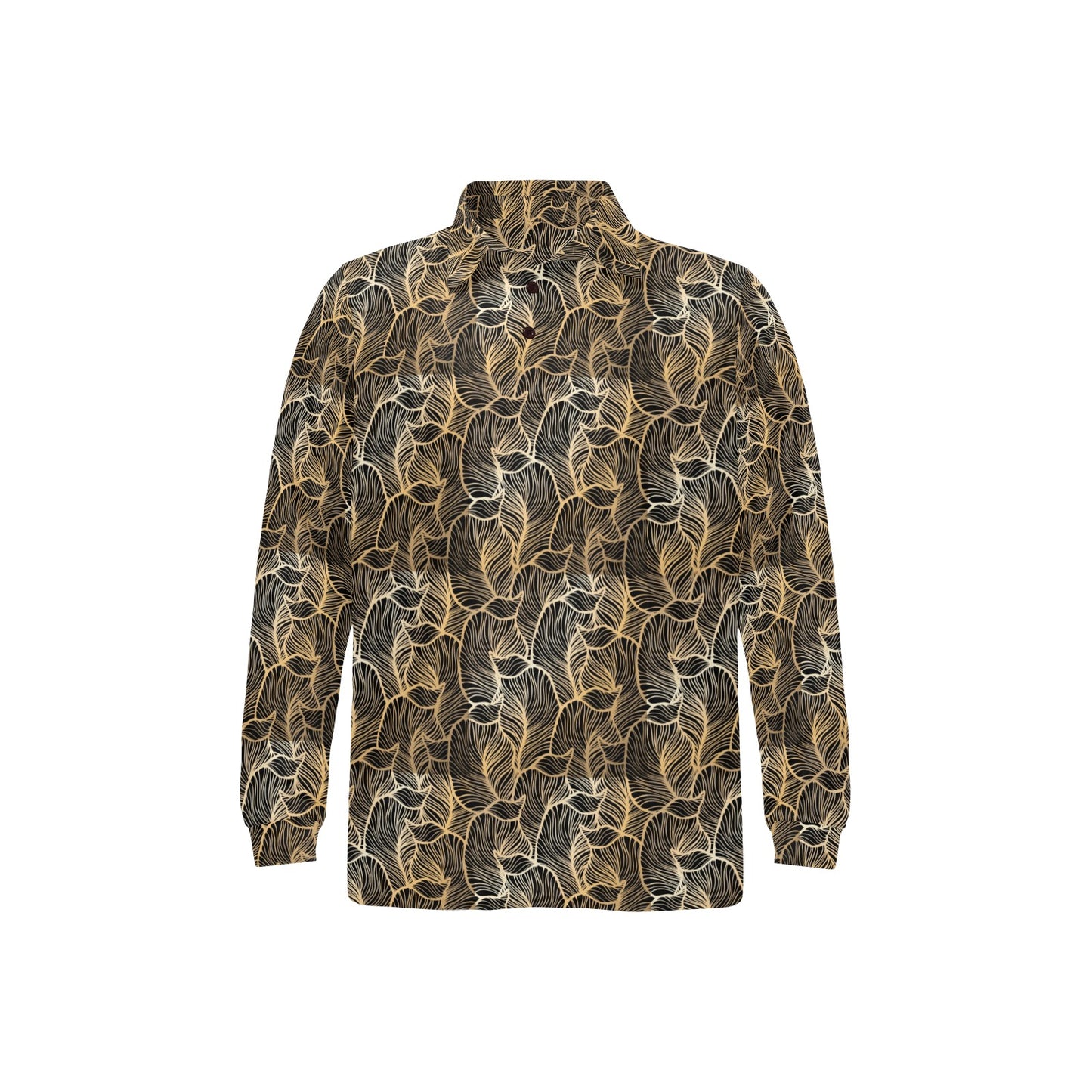 Elegant Gold leaf Print Long Sleeve Polo Shirt For Men's