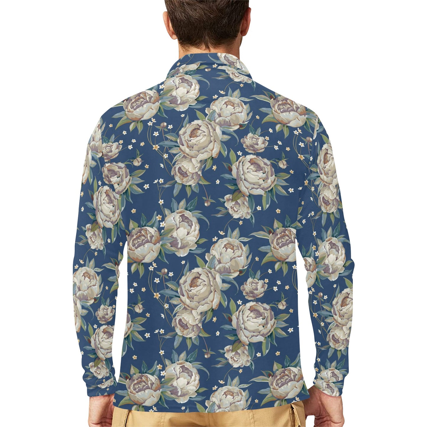 Peony Pattern Print Design A03 Long Sleeve Polo Shirt For Men's