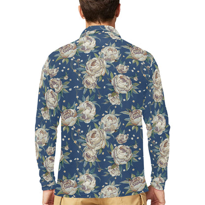 Peony Pattern Print Design A03 Long Sleeve Polo Shirt For Men's