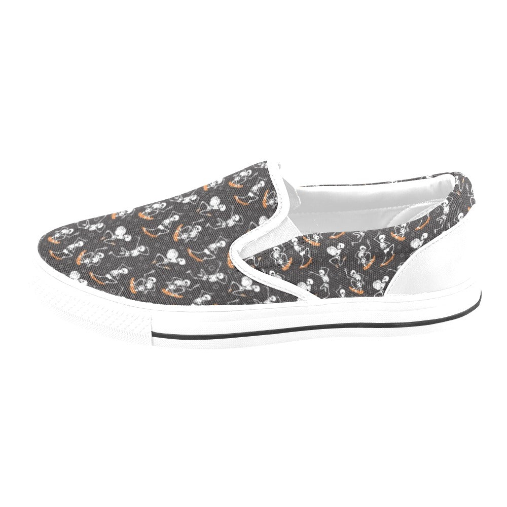 Skateboard With Skeleton Print Design LKS303 White Slip Ons Canvas Women's Shoes