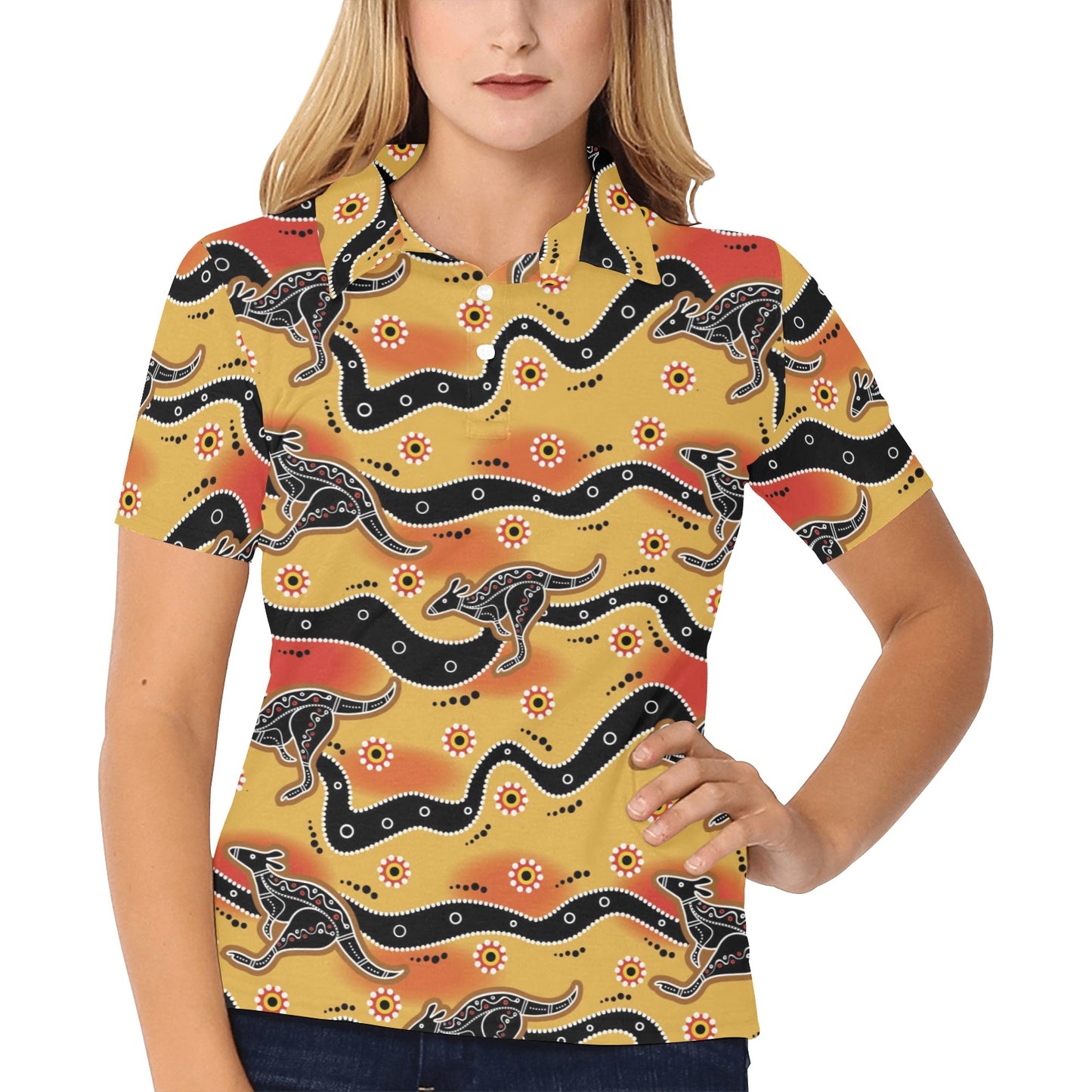 Kangaroos Aboriginal Pattern Print Design 06 Women's Polo Shirt