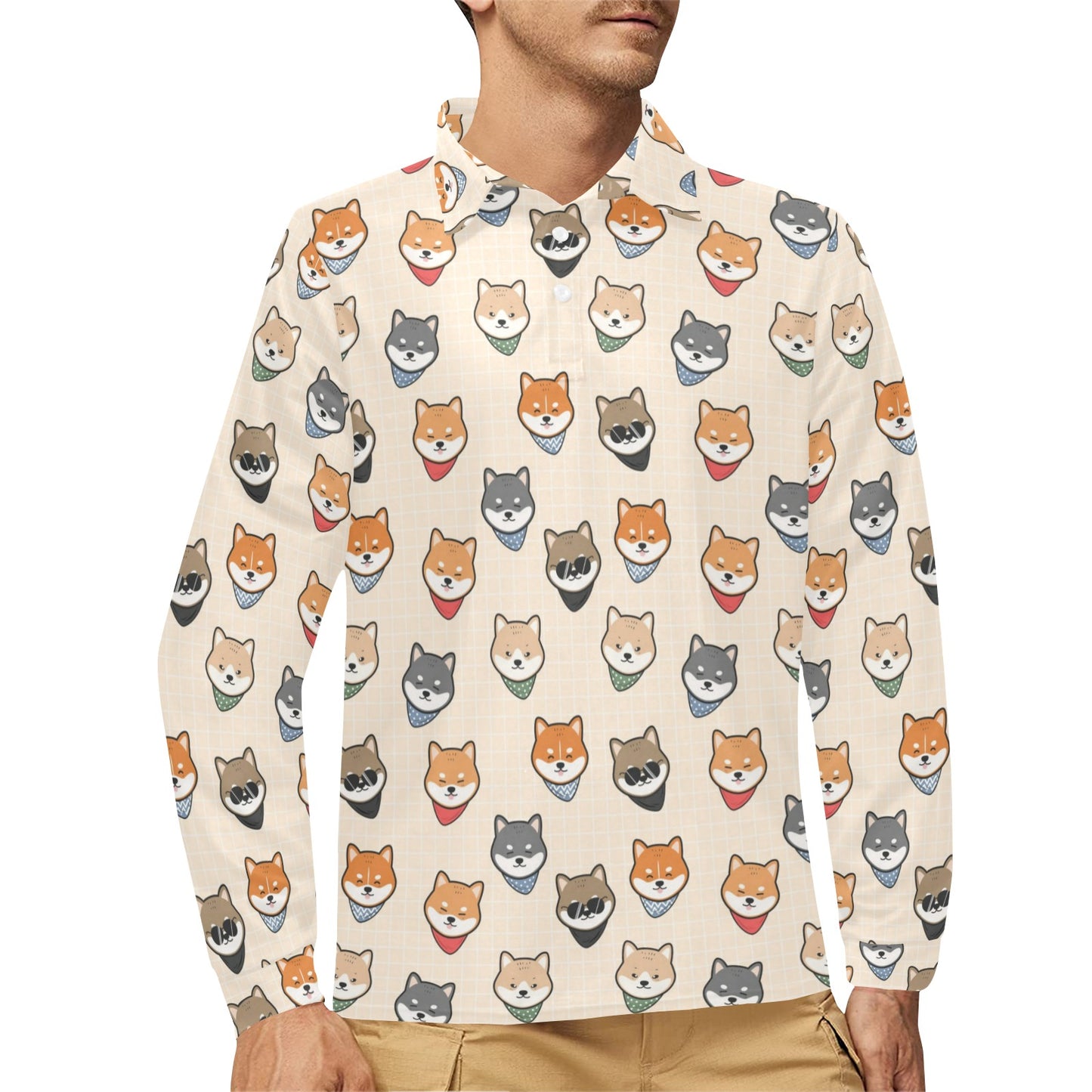 Shiba Inu Print Design LKS3010 Long Sleeve Polo Shirt For Men's