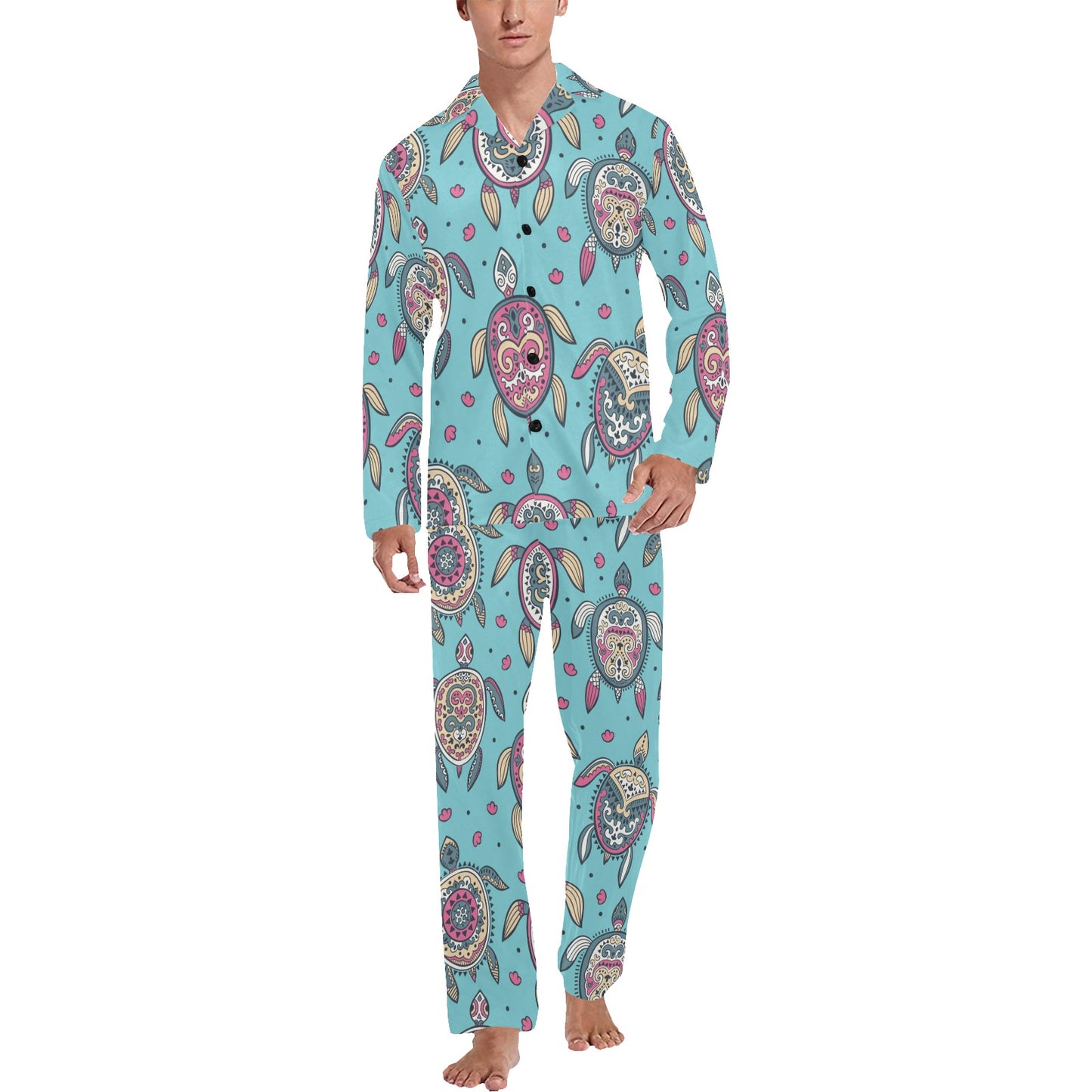 Sea Turtle Art Pattern Men's Long Pajama Set