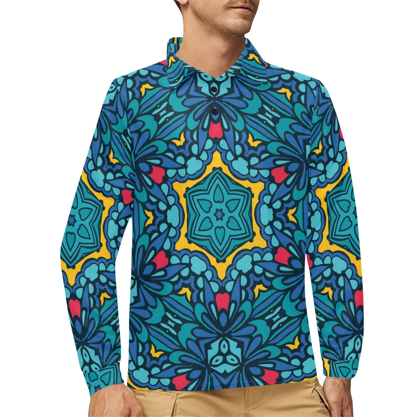 Kaleidoscope Pattern Print Design 04 Long Sleeve Polo Shirt For Men's