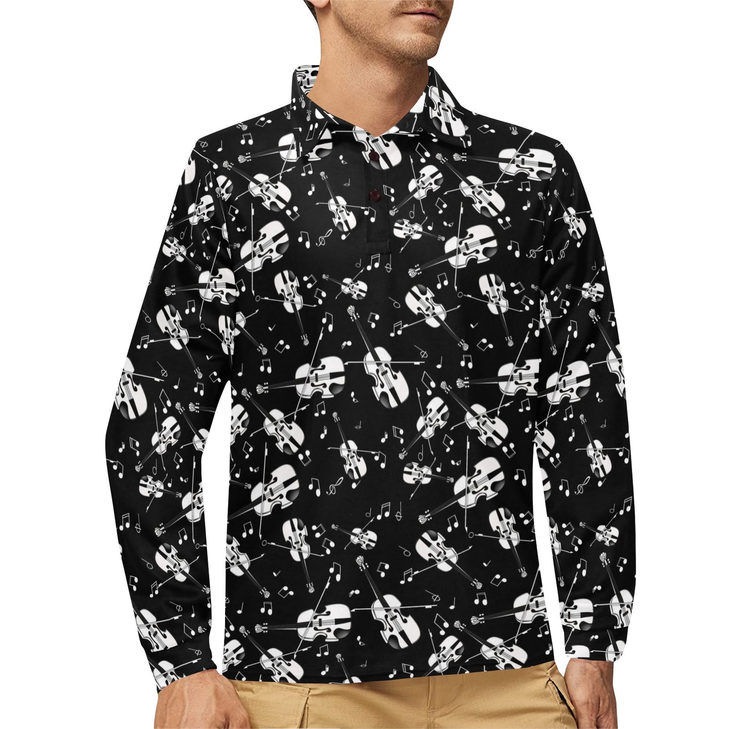 Violin Print Design LKS404 Long Sleeve Polo Shirt For Men's
