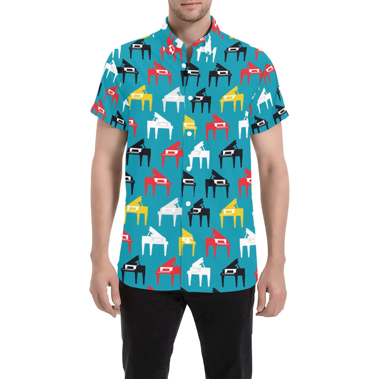 Piano Print Design LKS403 Men Short Sleeve Button Up Shirt