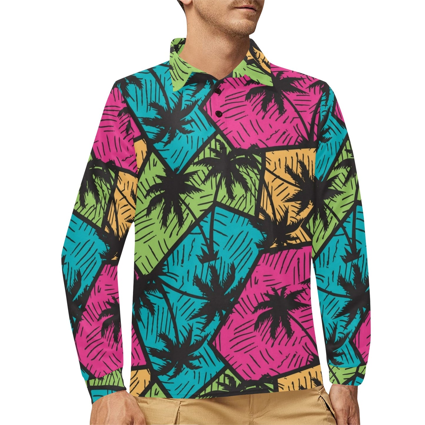 Palm Tree Pattern Print Design PT09 Long Sleeve Polo Shirt For Men's
