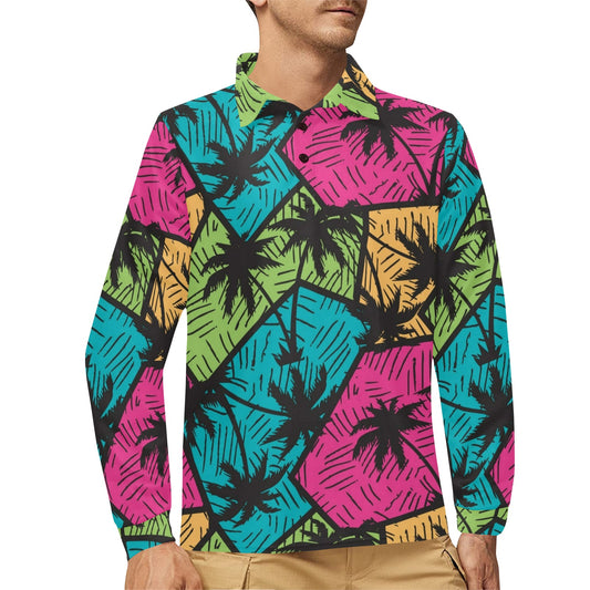 Palm Tree Pattern Print Design PT09 Long Sleeve Polo Shirt For Men's