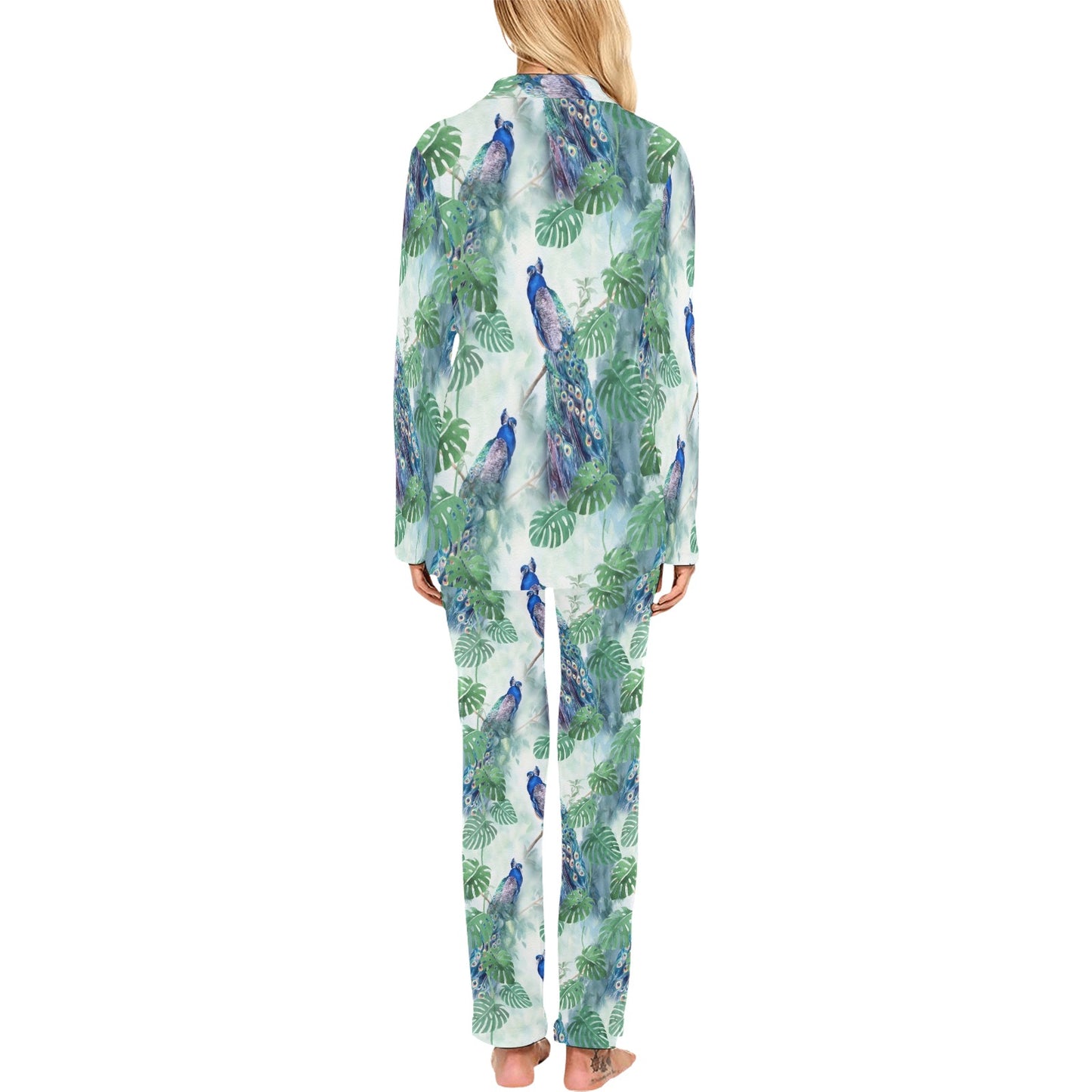 Peacock Pattern Print Design A02 Women's Long Pajama Set