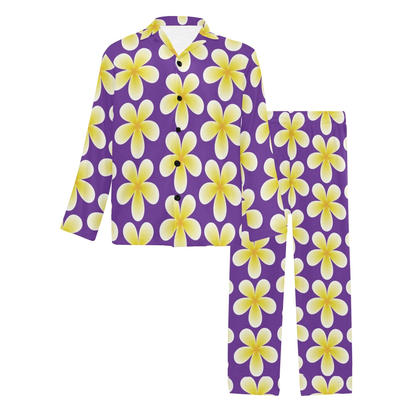 Yellow Plumeria Pattern Print Design PM05 Men's Long Pajama Set