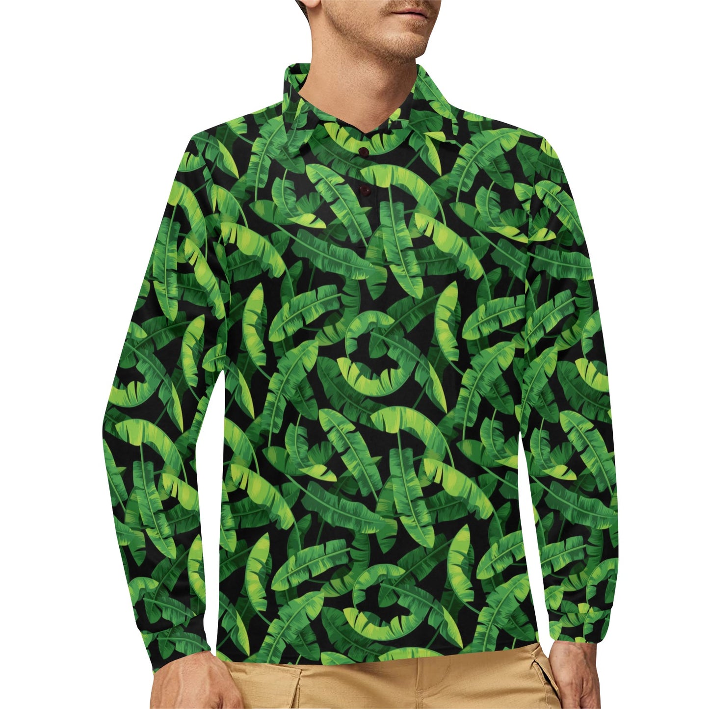 Banana Leaf Pattern Print Design 02 Long Sleeve Polo Shirt For Men's
