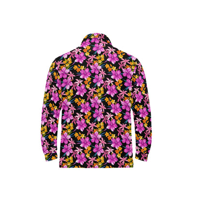 Tropical Folower Pink Hibiscus Print Long Sleeve Polo Shirt For Men's