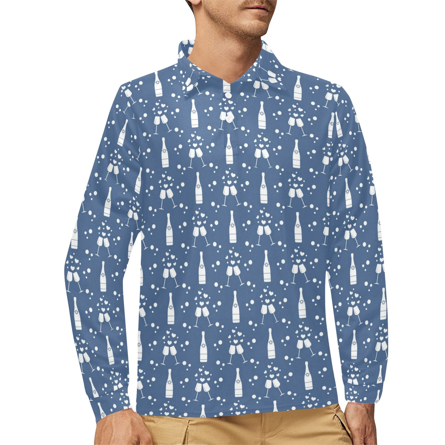 Champagne Pattern Print Design 05 Long Sleeve Polo Shirt For Men's