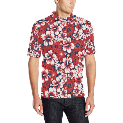 Red Hibiscus Pattern Print Design HB01 Men Polo Shirt