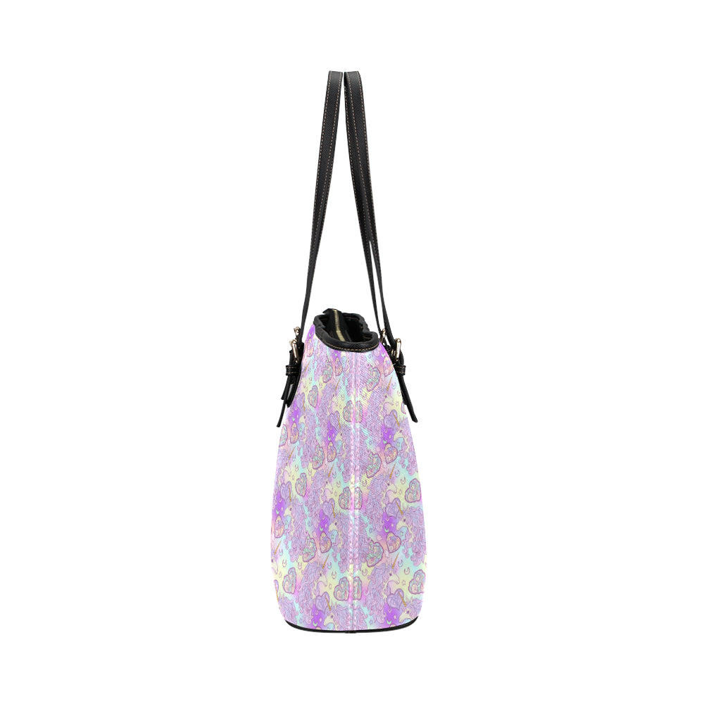 Unicorn Rainbow Star Heart Print Leather Tote Bag