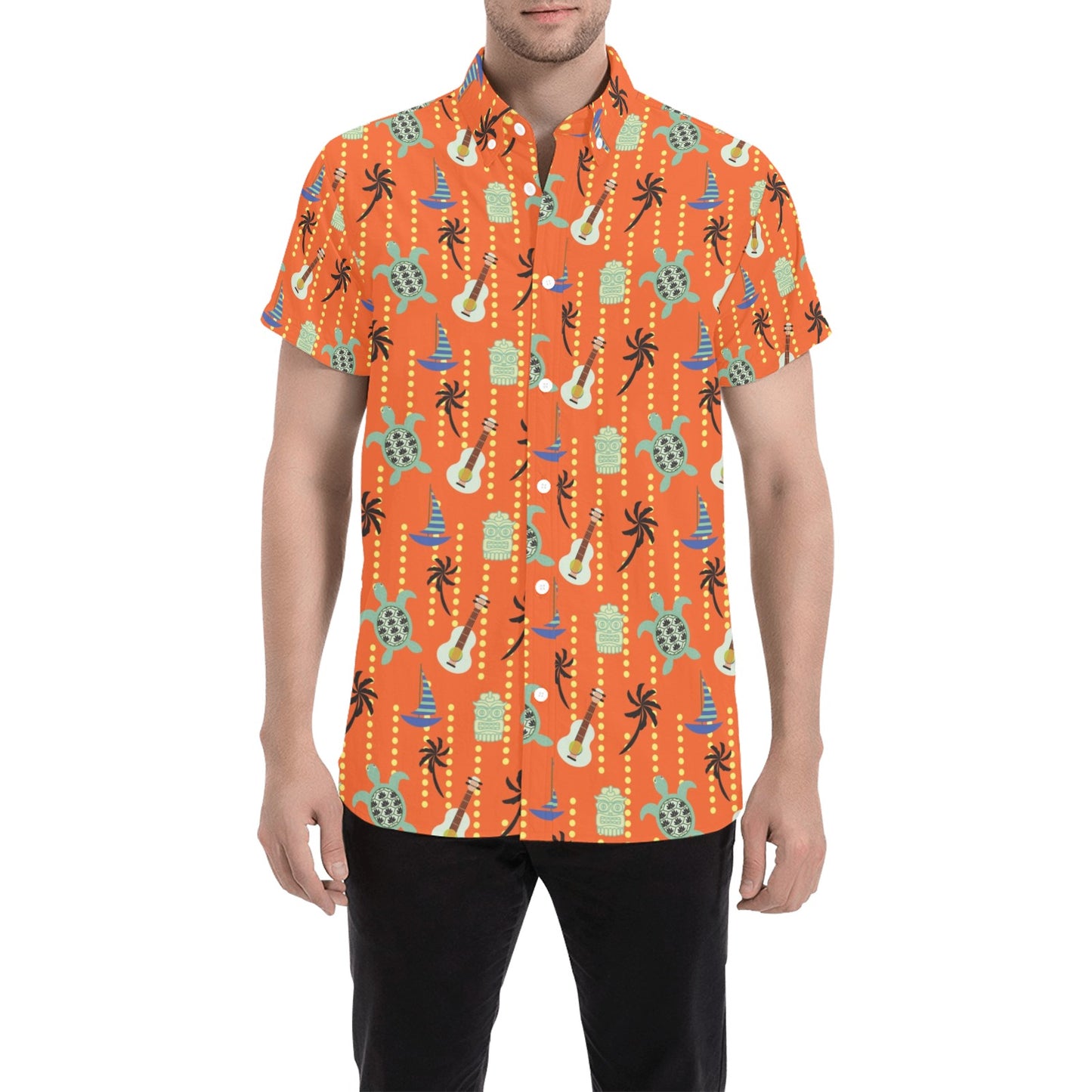 Ukulele Print Design LKS402 Men Short Sleeve Button Up Shirt