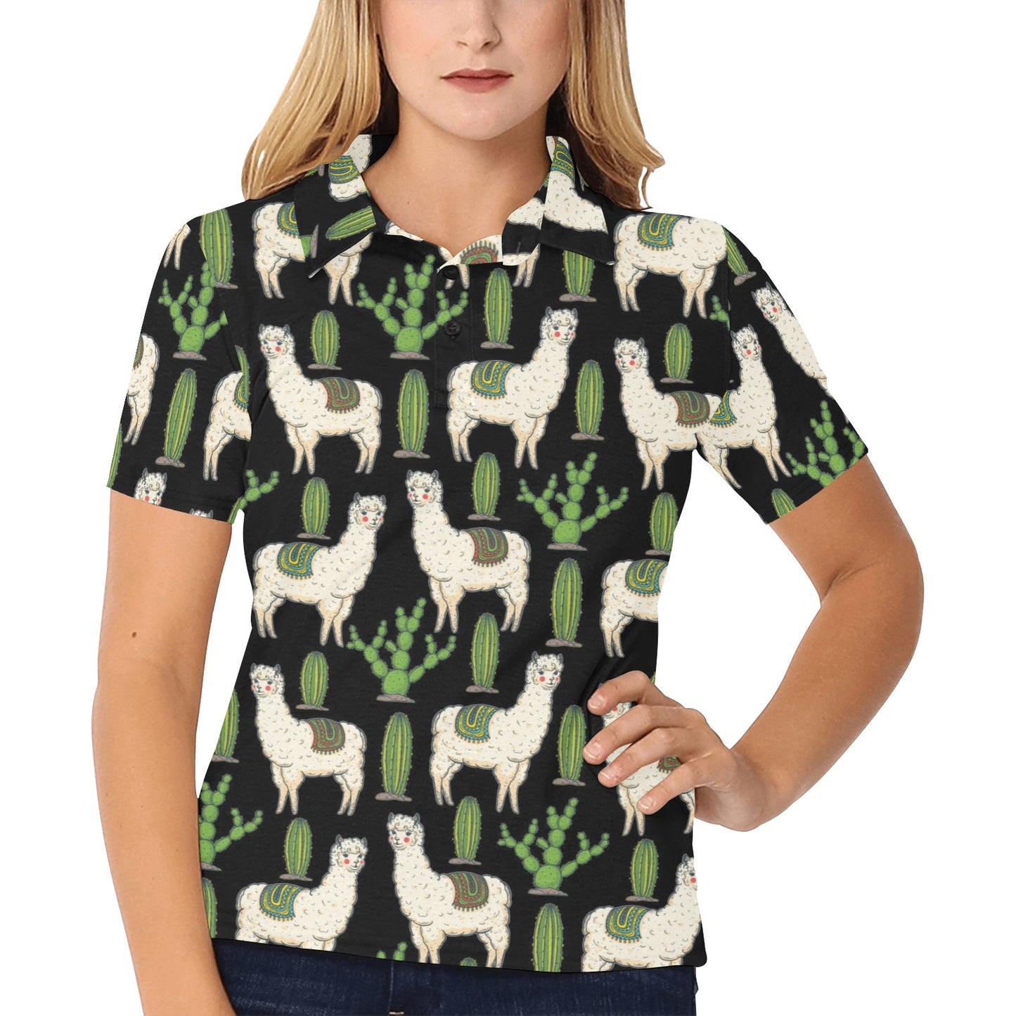 Llama Cactus Pattern Print Design 011 Women's Polo Shirt