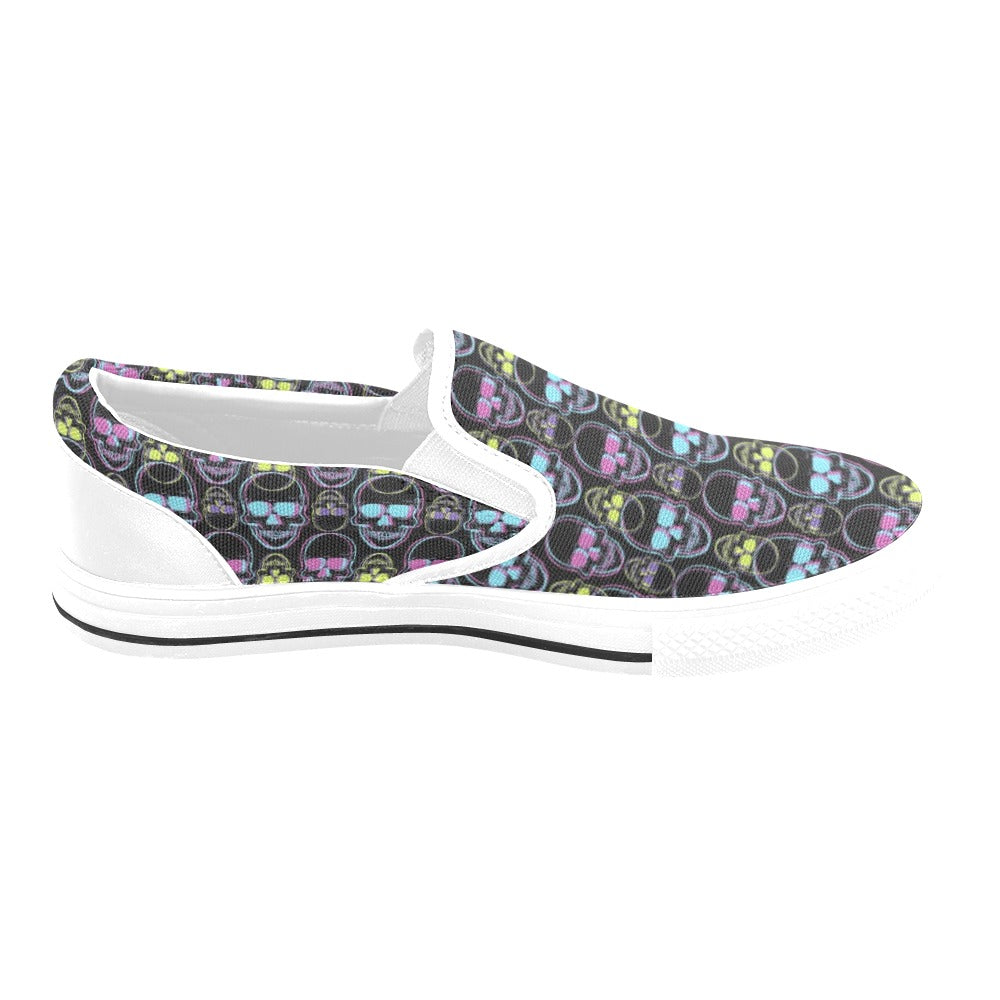 Skull 3D Colorful Print Design LKS309 White Slip Ons Canvas Women's Shoes