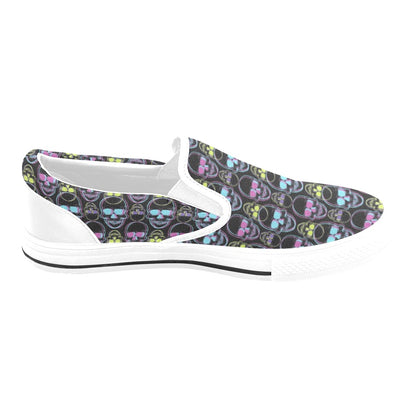 Skull 3D Colorful Print Design LKS309 White Slip Ons Canvas Women's Shoes