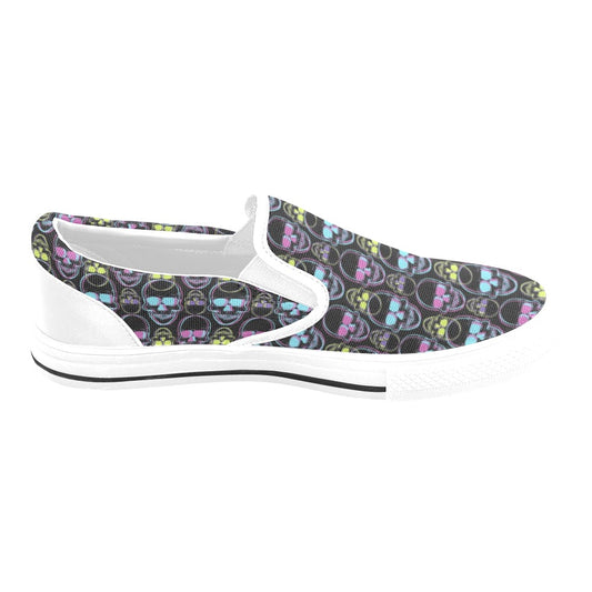 Skull 3D Colorful Print Design LKS309 White Slip Ons Canvas Women's Shoes