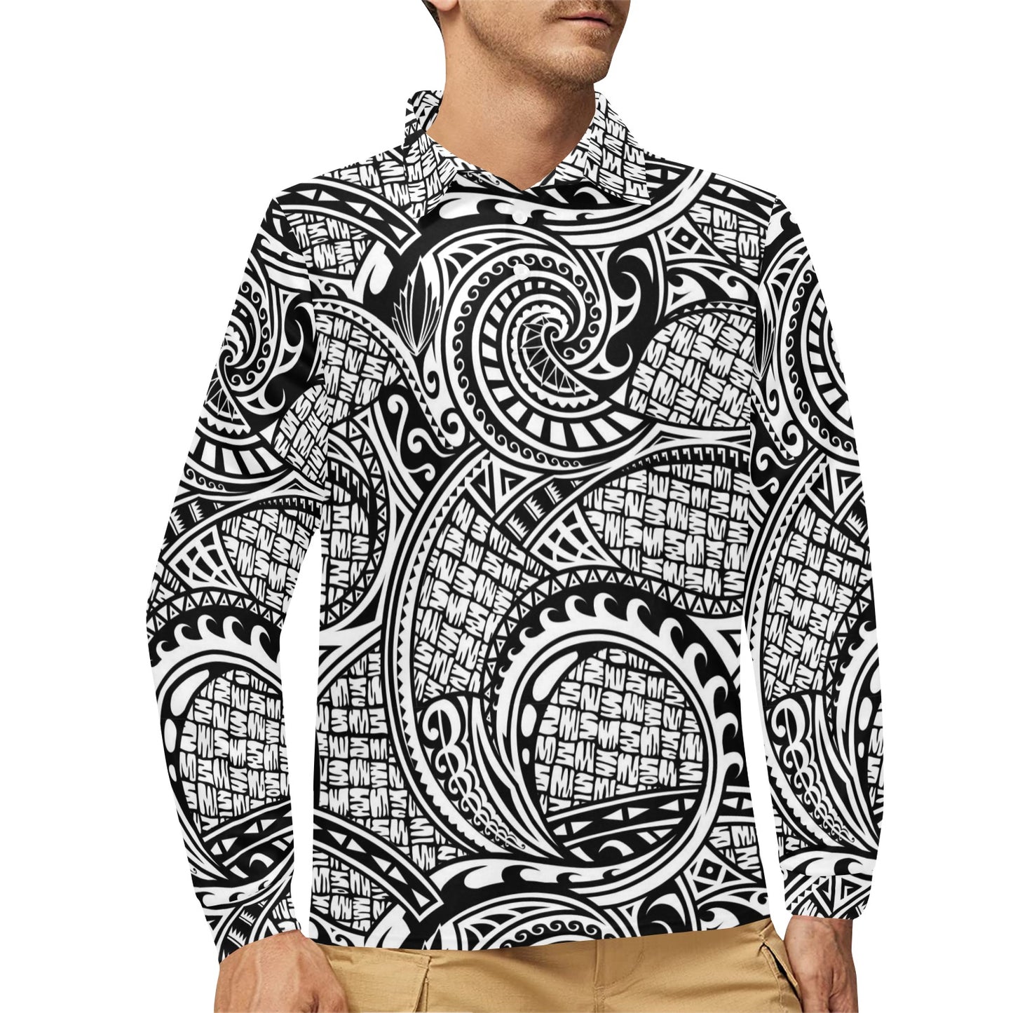 Polynesian Tribal Pattern Long Sleeve Polo Shirt For Men's