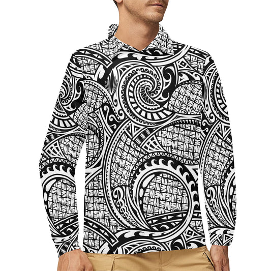 Polynesian Tribal Pattern Long Sleeve Polo Shirt For Men's