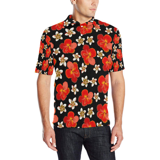 Red Hibiscus Pattern Print Design HB022 Men Polo Shirt