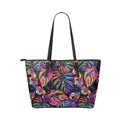 Neon Color Tropical Palm Leaves Leather Tote Bag