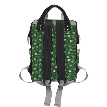 Peacock Feather Green Design Print Diaper Bag Backpack